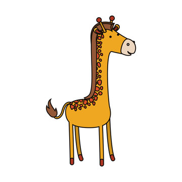 giraffe cartoon colorful silhouette in white background with thin contour vector illustration