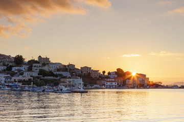 Early morning view of the harbour on Inouses island in Greece.
