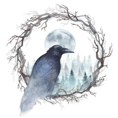 Dark raven sitting in a wreath of bare branches, and winter forest with rising moon are behind. Watercolor illustration. - 183744450