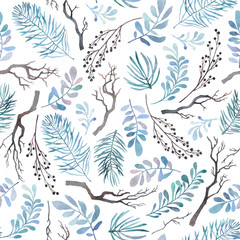 Watercolor seamless pattern with different kinds of winter branches on white background. Fabric design.