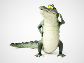 3D rendering of a cartoon crocodile thinking.