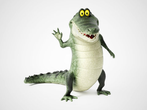 3D rendering of a cartoon crocodile waving.