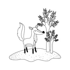 fox cartoon in forest next to the trees in monochrome silhouette vector illustration