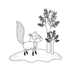raccoon cartoon in forest next to the trees in monochrome silhouette vector illustration