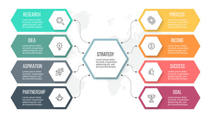 Business infographic. Organization chart with 8 options. Vector template.