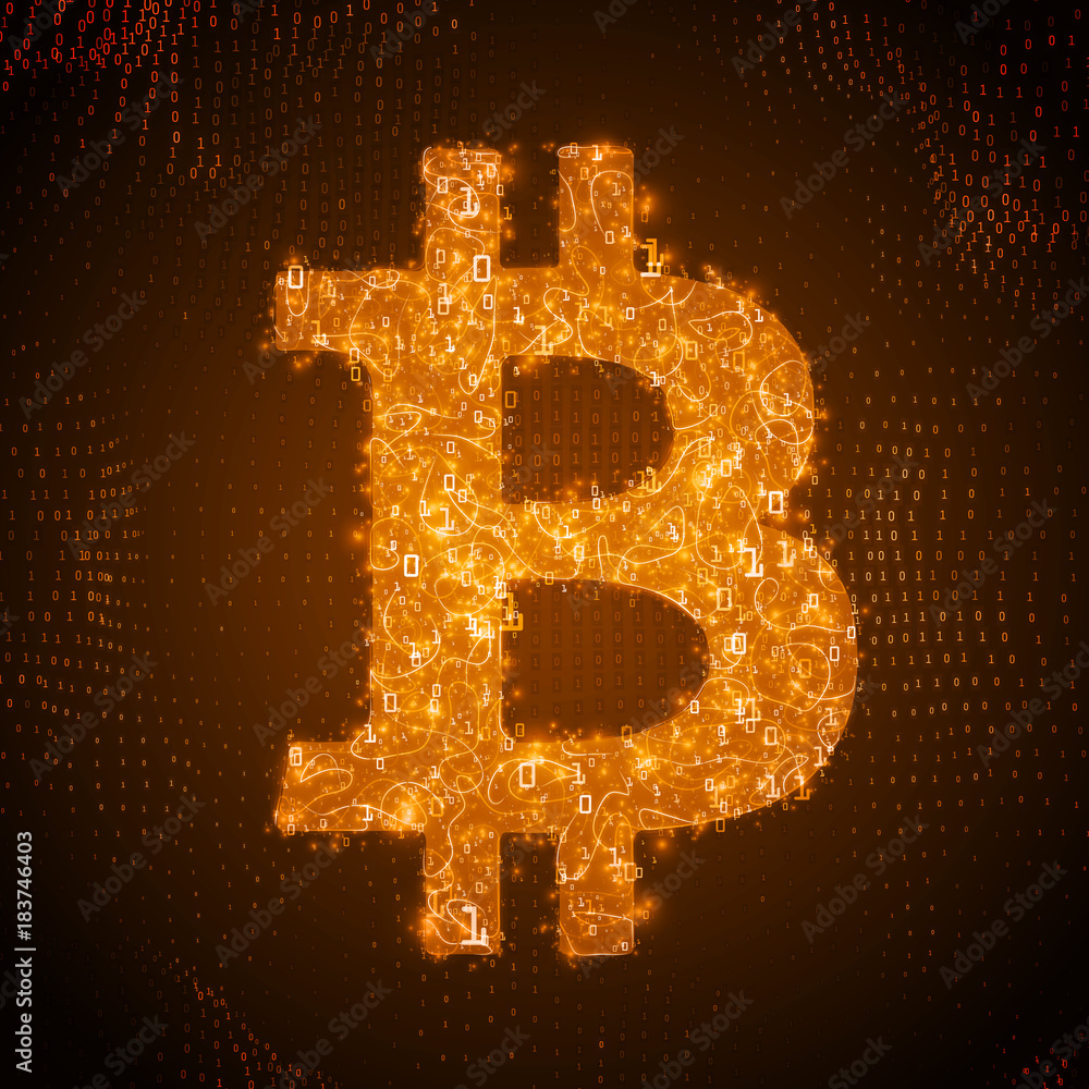 Poster vector golden bitcoin symbol constructed with flowing binary numbers. bitcoin, blockchain transfer. 