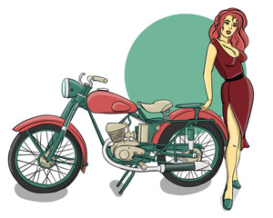 Fototapeta na wymiar A girl dressed in a dark red dress stands next to a pink motorcycle eps 10 illustration