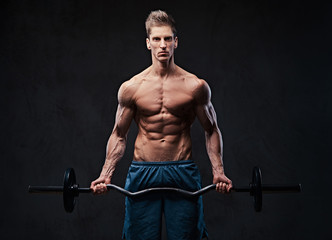 Fototapeta na wymiar Athletic shirtless male biceps barbell workout. 