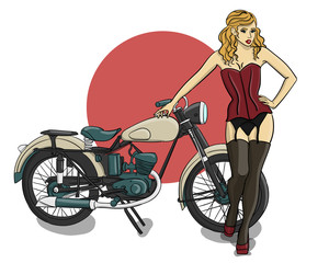 Fototapeta na wymiar A girl with blonde curly hair dressed in a red corset, gray underwear and stockings stands next to a light gray motorcycle eps 10 illustration