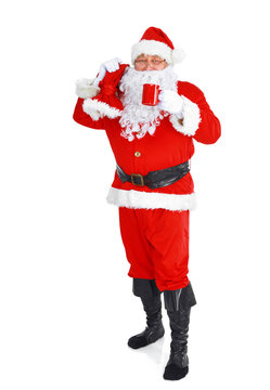 Santa Claus with coffee cup on white background