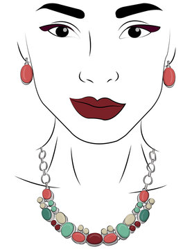 A girl in jewels. Silver necklace and earrings with pink, red and blue stones eps 10 illustration