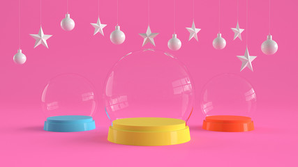 Three glass domes with colorful tray color on pastel pink background with hanging white balls and stars ornaments. For new year or Christmas theme. 3D rendering.
