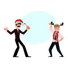 Two business men in Santa hats, reindeer horns having fun, dancing at corporate Christmas party, cartoon vector illustration with space for text. . Men, guys, colleagues celebrating Christmas