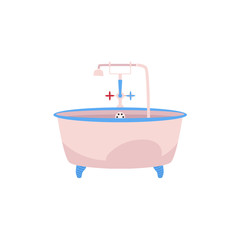 Side view clawfoot bathtub, bath tub with faucet, cold and hot water handles and douche, cartoon vector illustration isolated on white background. Side view cartoon bathtub with water facet and douche