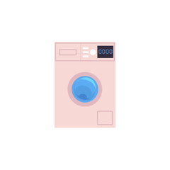 Front view picture of automatic household washer, washing machine with timer, cartoon vector illustration isolated on white background. Front view cartoon washing machine, washer, household appliance