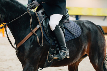 Horse jumping contest. The Equestrian Sports. Horseman sitting in saddle