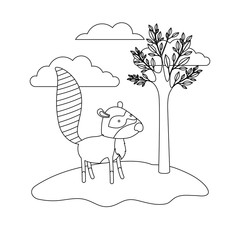 raccoon cartoon in outdoor scene with trees and clouds in monochrome silhouette vector illustration