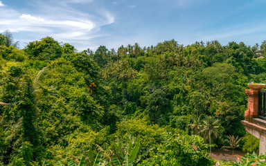 view of tropical mountains from balcony in bali. indonesia