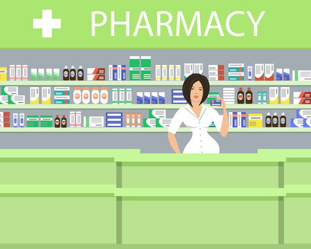 Pharmacy in a green color. The pharmacist woman stands near the shelves with medicines. Vector illustration