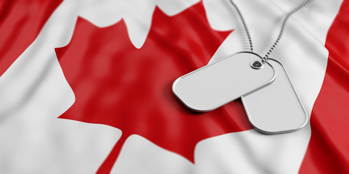 Canada army concept, Identification tags on Canada flag background. 3d illustration