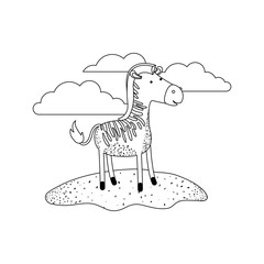 zebra cartoon in outdoor scene with clouds in monochrome silhouette vector illustration