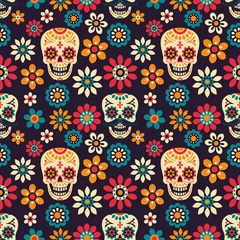 Wall murals Human skull in flowers Day of the Dead. Seamless vector pattern with sugar skulls and flowers on dark background.
