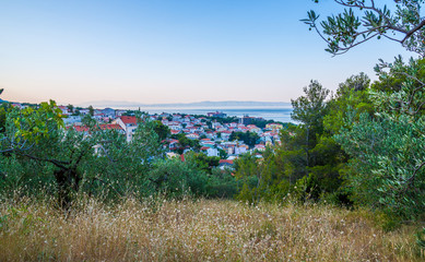 Aerial view on Adriatic Sea and Baska Voda place in Makarska Riviera, Dalmatia region, Croatia.