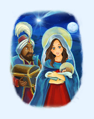 Cartoon scene with Mary and Jesus Christ and traveling king - illustration for children