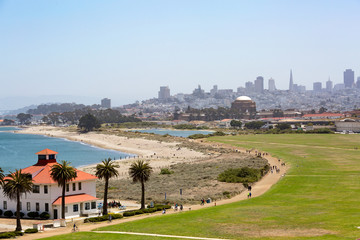 View towards Crissy Field; financial district in the background, San Francisco, California