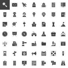 Startup new business vector icons set, modern solid symbol collection, filled style pictogram pack. Signs, logo illustration. Set includes icons as target, presentation, auction, startup rocket, goal