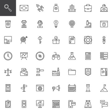Startup new business line icons set, outline vector symbol collection, linear style pictogram pack. Signs, logo illustration. Set includes icons as target, presentation, auction, startup rocket, goal