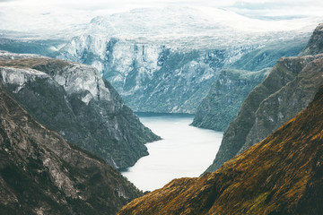 Fjord and Mountains Naeroyfjord Landscape aerial view in Norway beautiful scenery scandinavian wild...