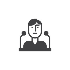 Public speech icon vector, filled flat sign, solid pictogram isolated on white. Person at podium with microphones symbol, logo illustration.