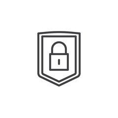 Security shield with lock line icon, outline vector sign, linear style pictogram isolated on white. Protection padlock symbol, logo illustration. Editable stroke