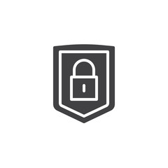 Security shield with lock icon vector, filled flat sign, solid pictogram isolated on white. Protection padlock symbol, logo illustration.