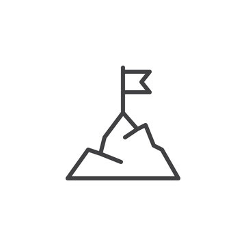 Flag On Mountain Peak Line Icon, Outline Vector Sign, Linear Style Pictogram Isolated On White. Achievement Goal Symbol, Logo Illustration. Editable Stroke