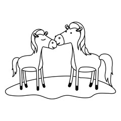horses couple over grass in monochrome silhouette vector illustration
