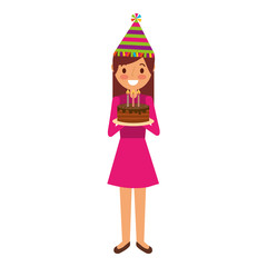 woman with party hat holding birthday cake vector illustration