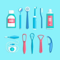 Fototapeta na wymiar Dental cleaning tools. Vector illustration of oral hygiene products such as toothbrush, toothpaste, mouthwash, tongue brush, tongue scraper and dental floss, isolated on background.