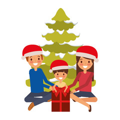 happy familiy the parents and child with christmas tree and gift vector illustration