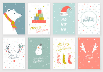 Set of 8 Christmas greeting cards with hand drawn decorative elements and lettering