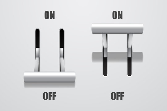 Set of realistic knife switches in on and off positions, vector button illustration