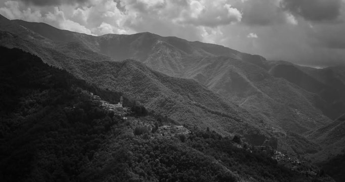 CORTE, LIGURIA, ITALY, 09 AUGUST, 2017: Black and white Landscape country in the hinterland, timelapse, 4K