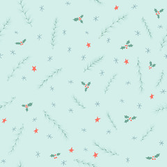 Seamless pattern with conifer branches, stars and snowflakes
