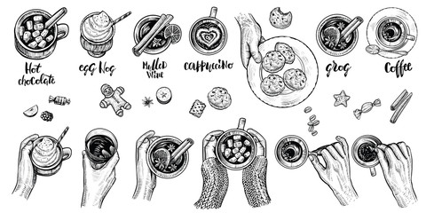 Hot drinks with holding hands top view, vector illustration. Set of hand drawn beverages.