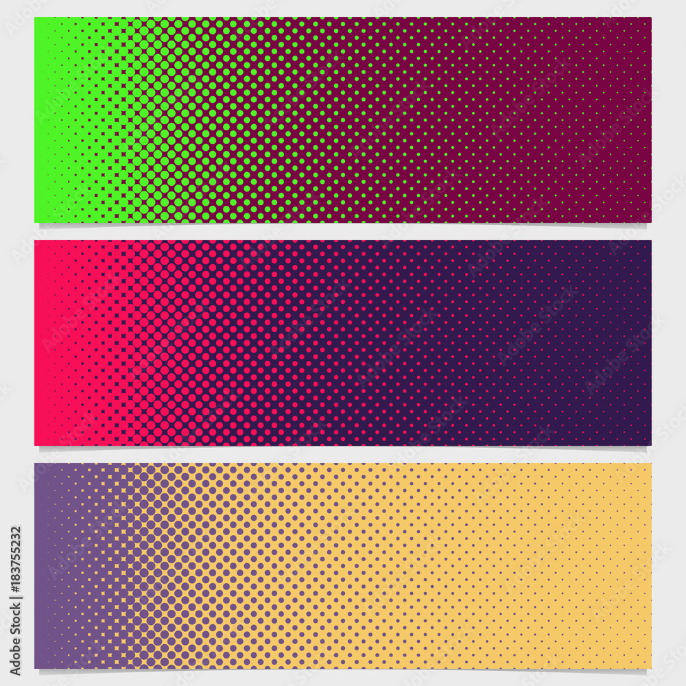 Poster halftone circle pattern banner template design set - vector graphic from dots in varying sizes