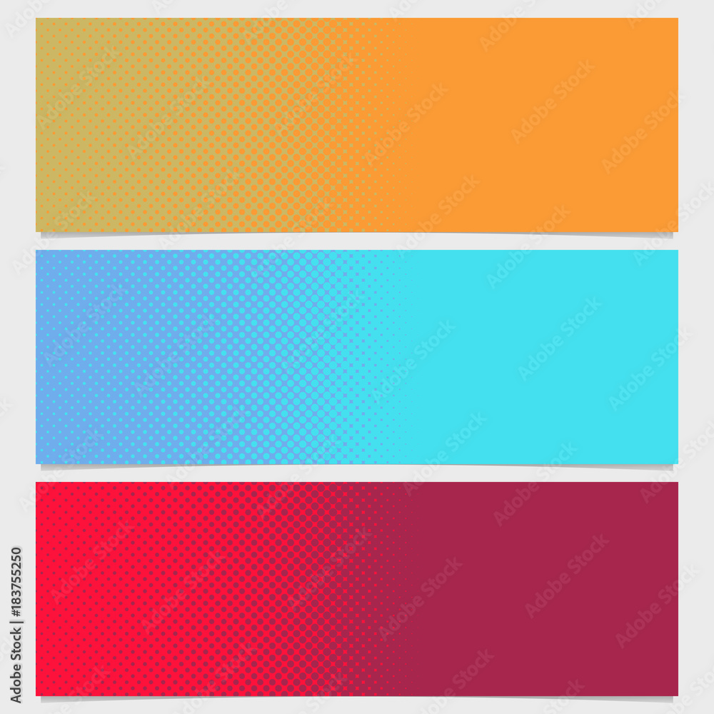 Poster abstract halftone dot pattern horizontal banner set - vector graphic from circles in varying sizes
