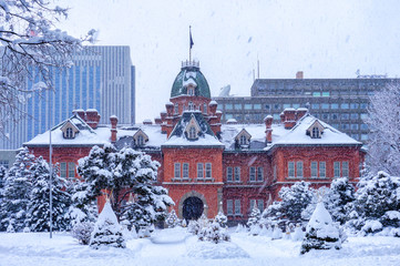 View of the Former Hokkaido Government Office in Sapporo, Hokkaido, Japan. Traveler take a photo at the Former Hokkaido Government Office in Sapporo, Hokkaido, Japan in winter
