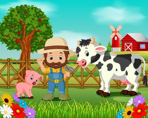 Fototapeta premium Farm scenes with many animals and farmers