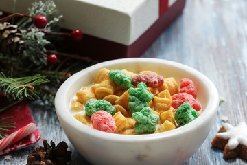 Christmas Breakfast Cereal with Xmas colors, selective focus